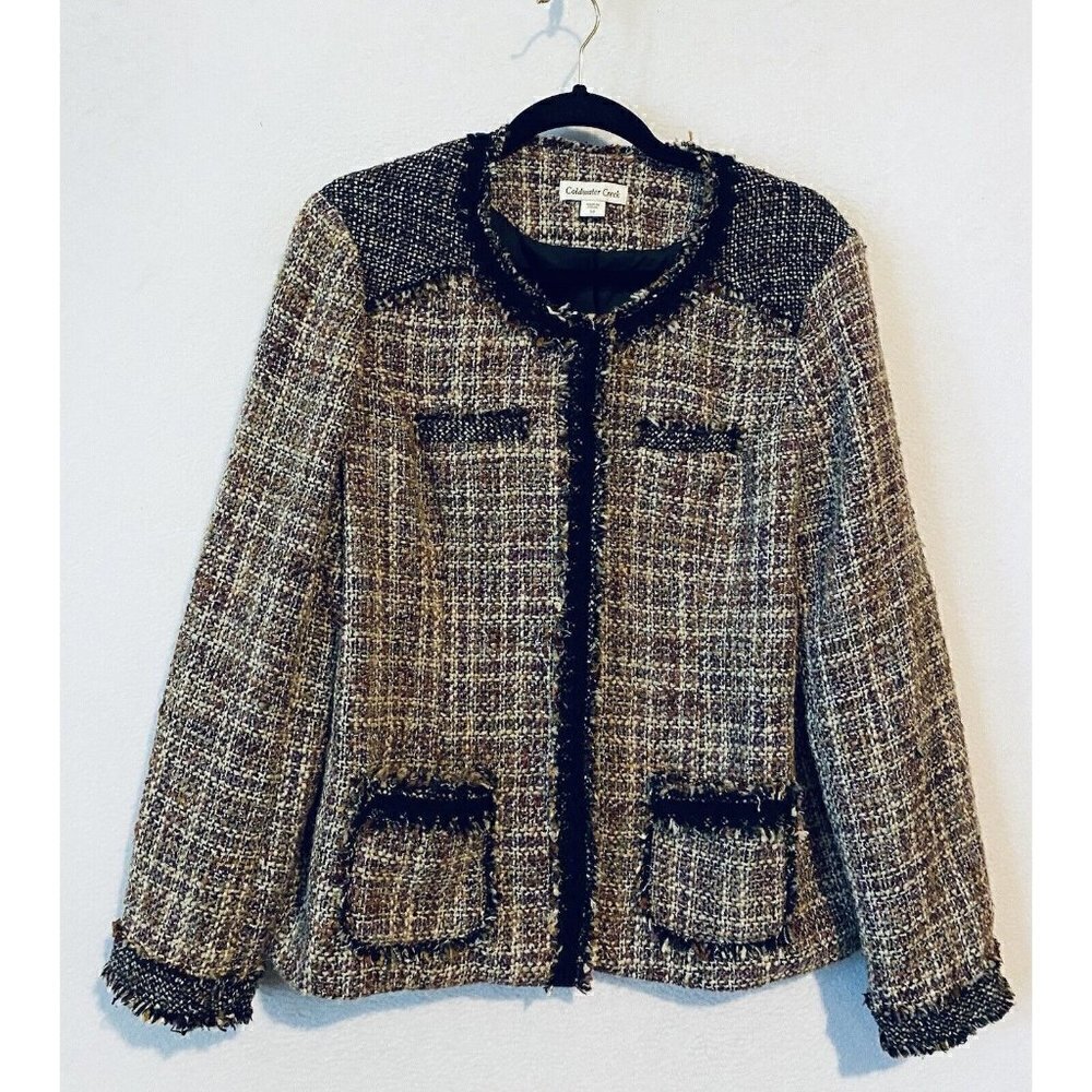 Coldwater Creek Jacket Womens 14 Brown Boucle Tweed Fringe Snap Textured Classic
